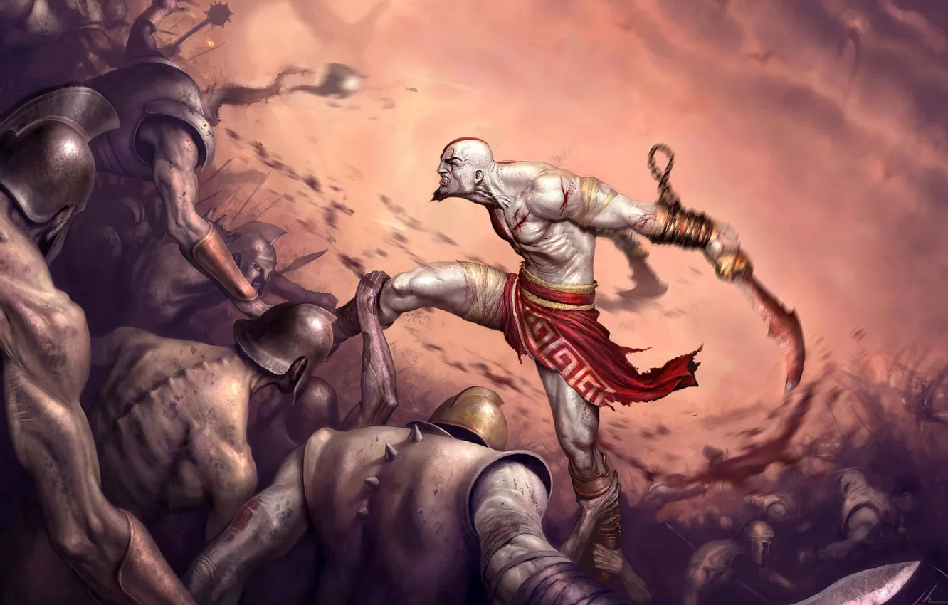 Фото обои Игра, воин, арт, битва, бог войны, Kratos, клинки, God of War