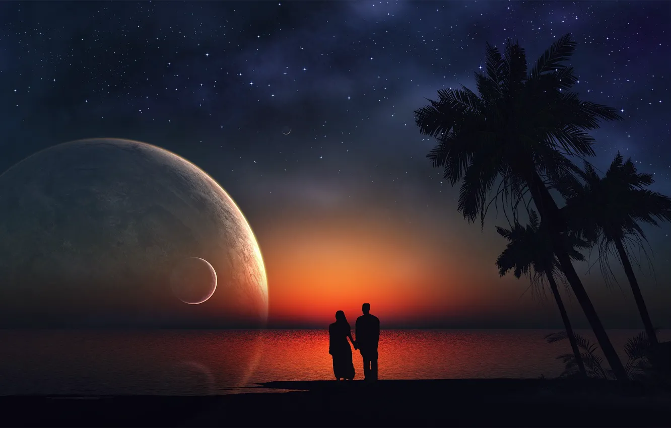 Фото обои море, звезды, ночь, пальмы, люди, океан, романтика, планеты