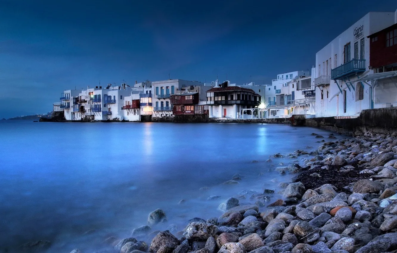 Фото обои море, небо, ночь, город, остров, дома, Греция, Greece