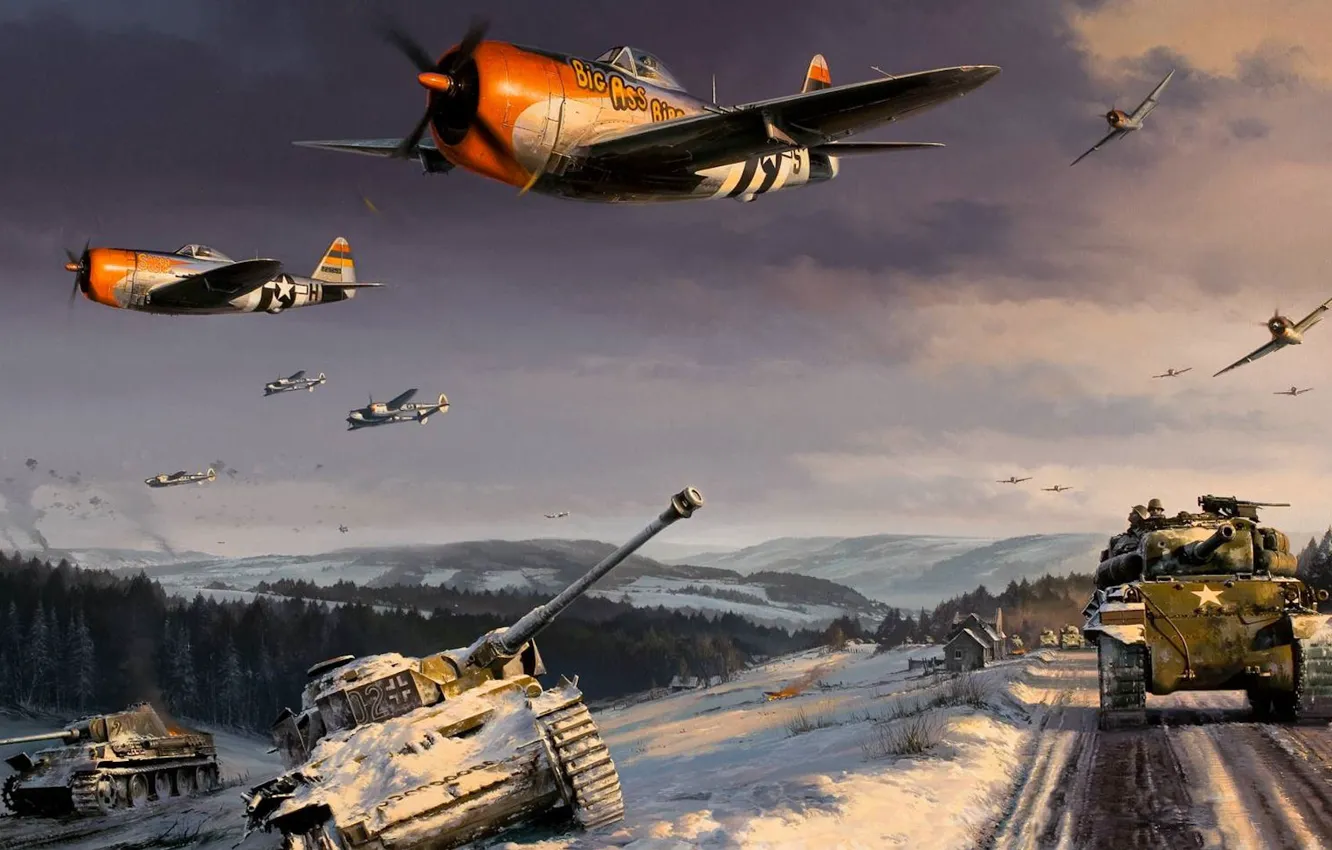 Фото обои рисунок, арт, Lightning, Thunderbolt, World War II, шерман, P38, битва за арденны