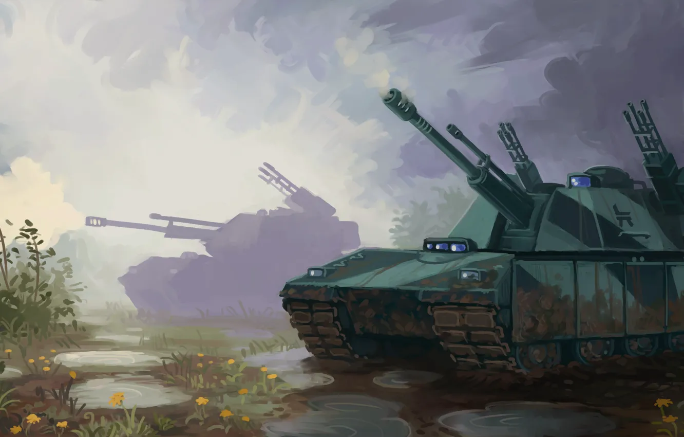 Фото обои поле, грязь, арт, танк, пушка