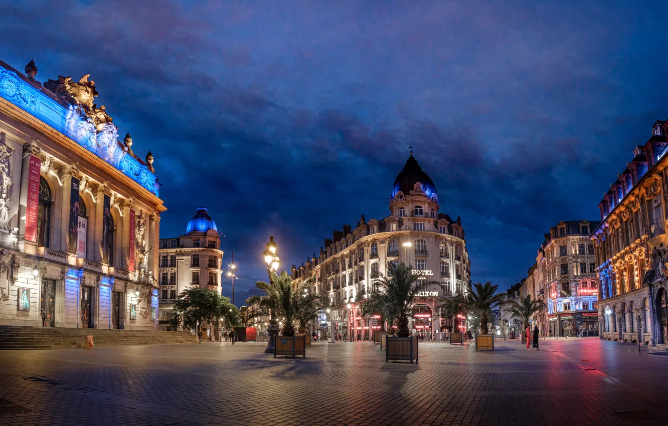 Фото обои пальмы, Франция, здания, дома, площадь, ночной город, France, Театральная площадь
