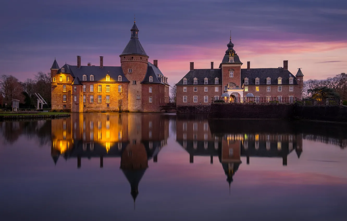 Фото обои огни, пруд, замок, Германия, Castle Anholt
