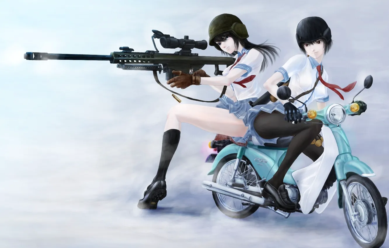 Фото обои оружие, девушки, арт, мотоцикл, прицел, винтовка, каска, bittersweet6968