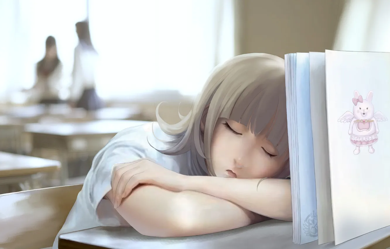 Фото обои девушка, сон, арт, спит, книга, класс, школа, nyarko