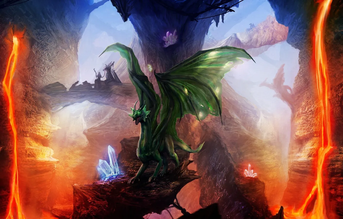 Фото обои скалы, драконы, арт, лава, кристаллы
