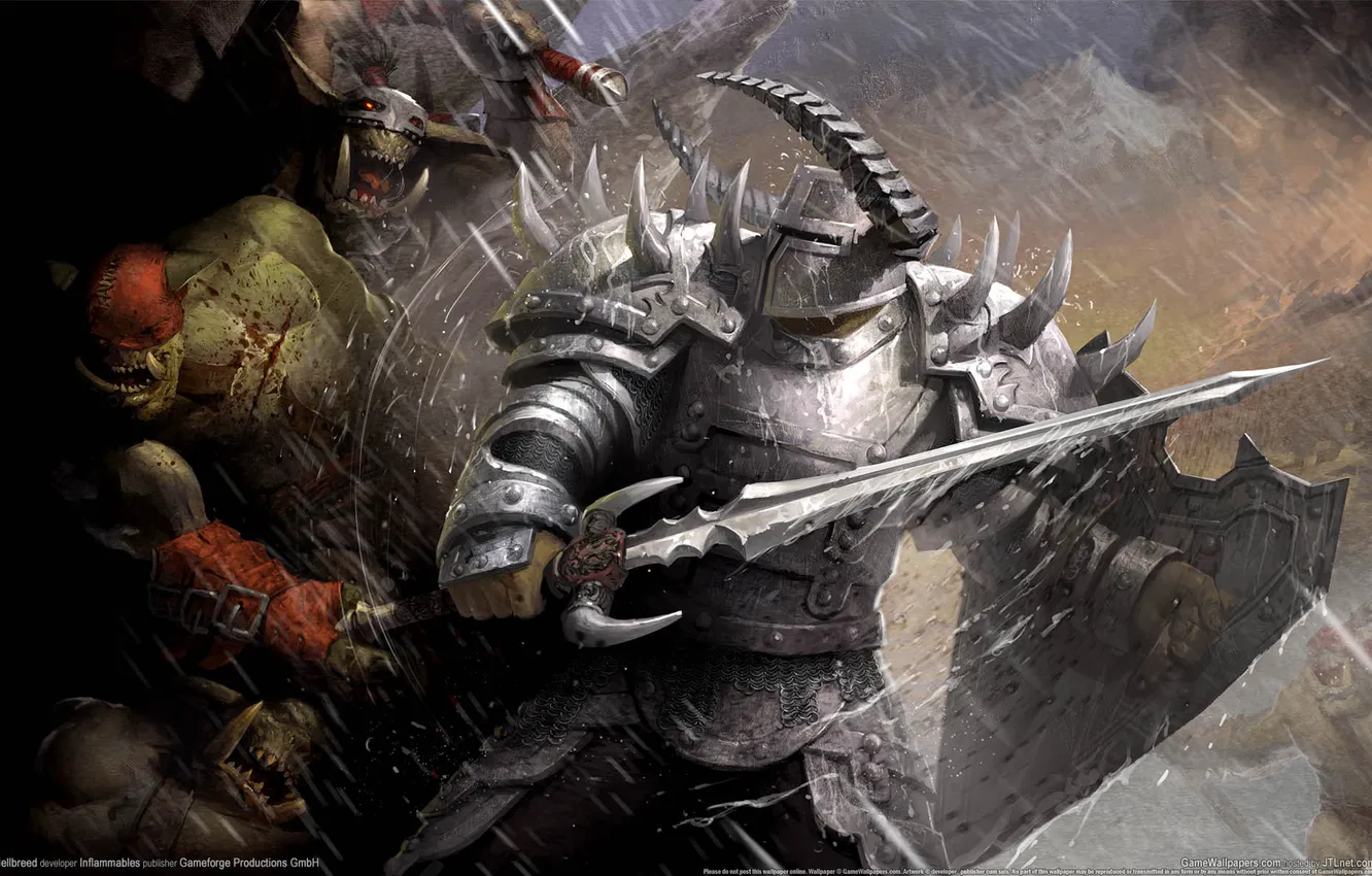 Фото обои дождь, меч, воин, рога, битва, орки, доспех, hellbreed