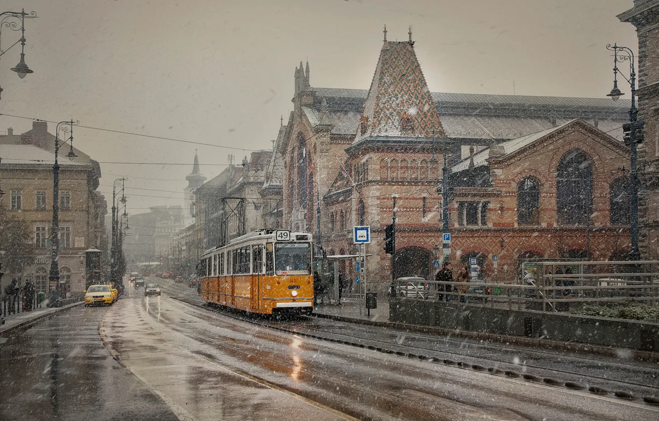 Фото обои снег, здания, дома, трамвай, Hungary, Будапешт, Budapest