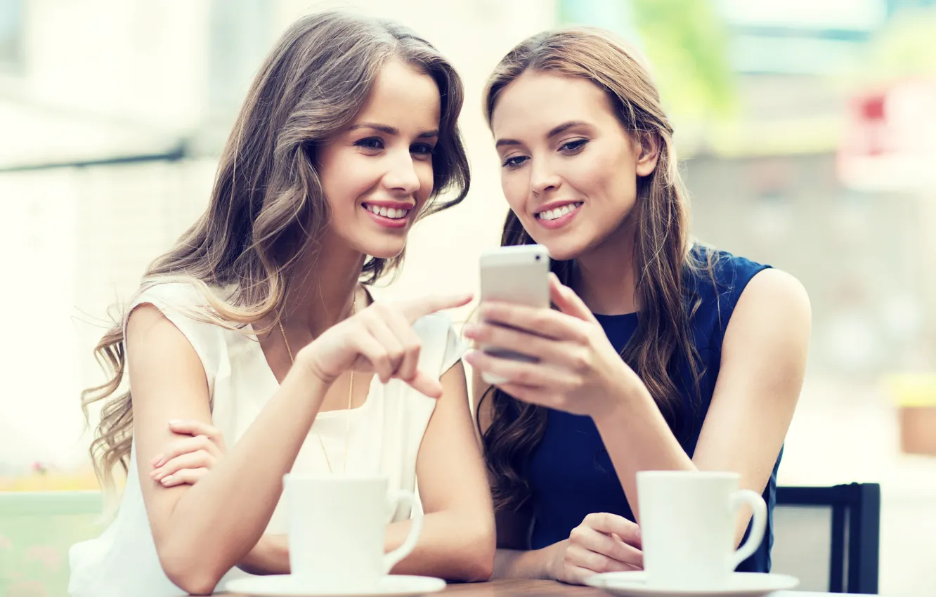 Фото обои girl, woman, beautiful, coffee, cafe, date, two women, sweet date