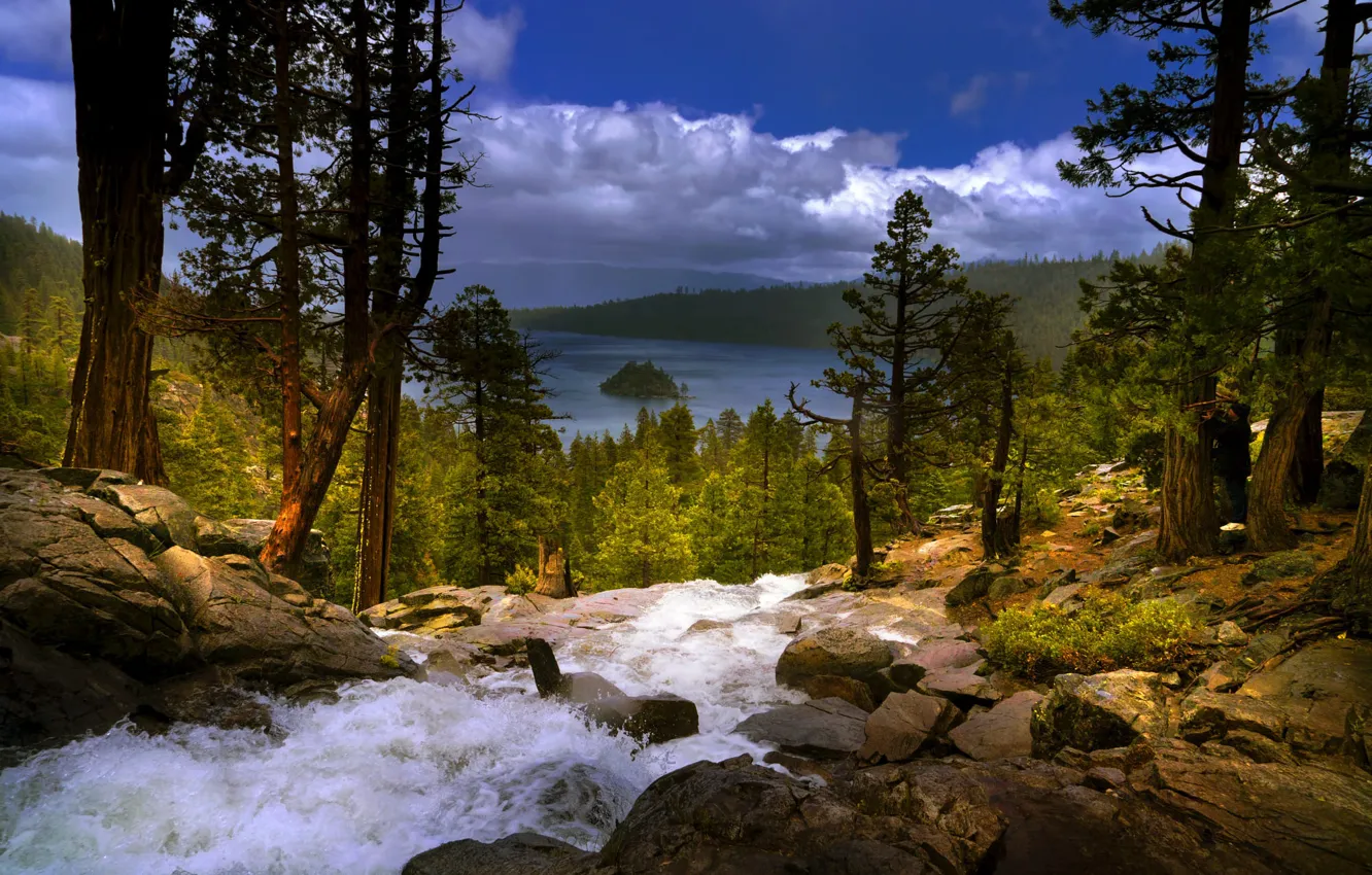 Фото обои деревья, пейзаж, горы, природа, озеро, камни, водопад, США