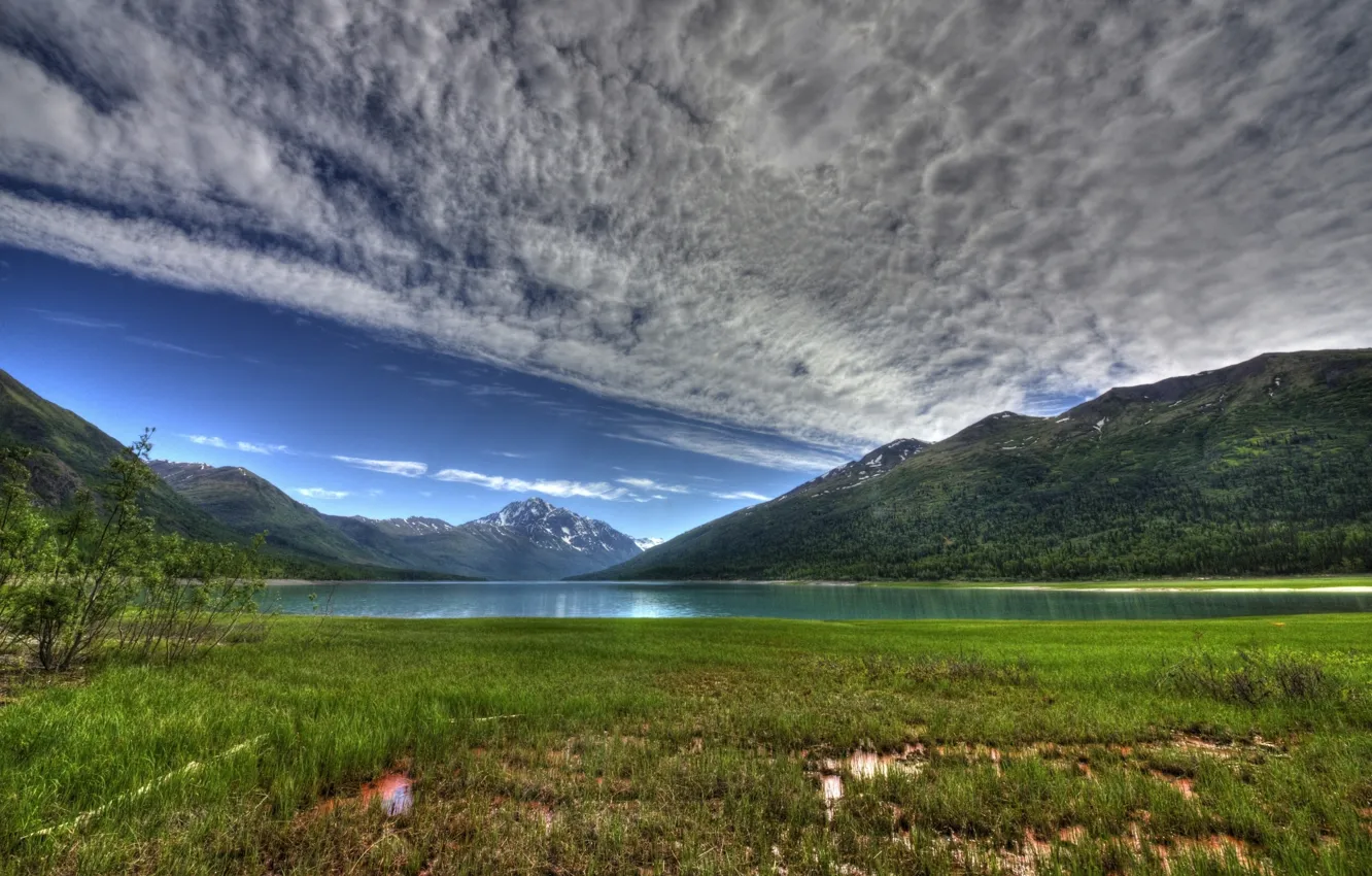 Фото обои облака, горы, Аляска, Alaska, Озеро Эклутна, Eklutna Lake