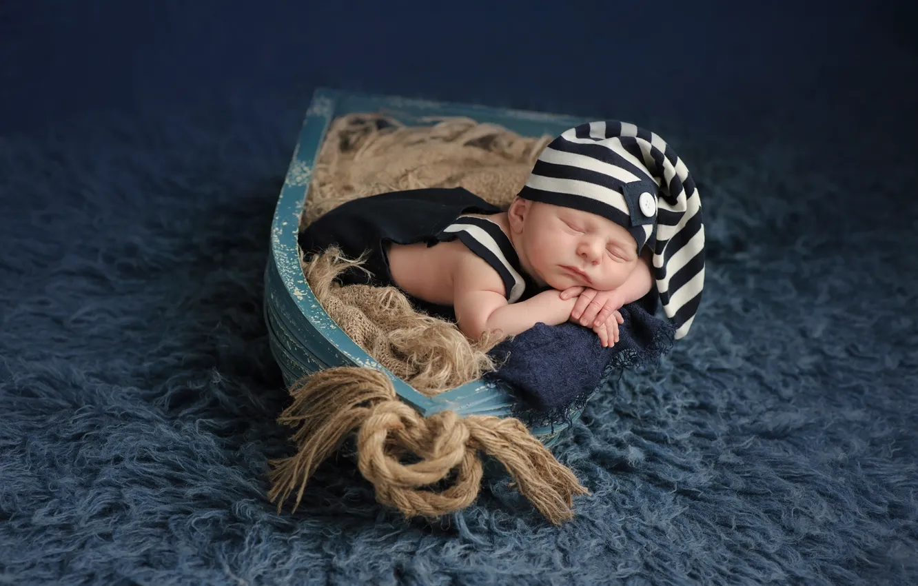 Фото обои ковер, лодка, ребенок, сон, веревки, мех, крышка, младенец