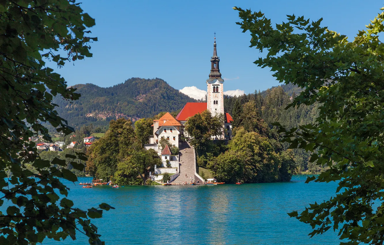 Фото обои остров, Словения, Lake Bled, Slovenia, Бледское озеро, Блед, Assumption of Mary Pilgrimage Church, Bled