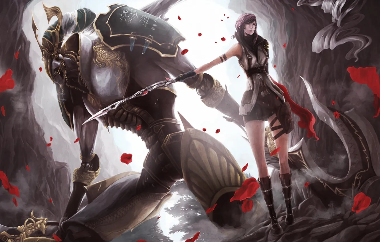 Фото обои девушка, оружие, ветер, монстр, лепестки, Final Fantasy, Lightning, Odin