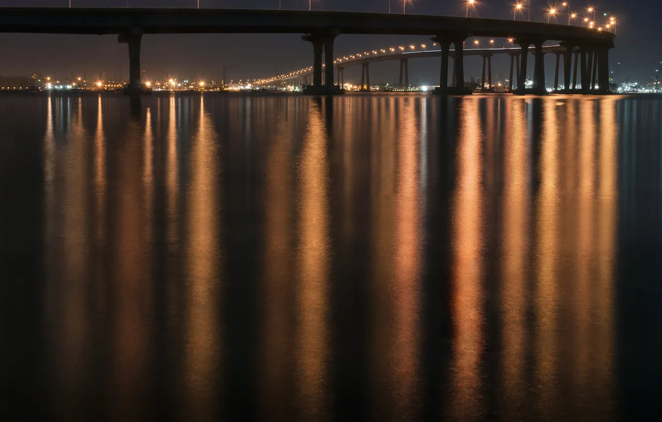 Фото обои мост, город, огни, отражение, река