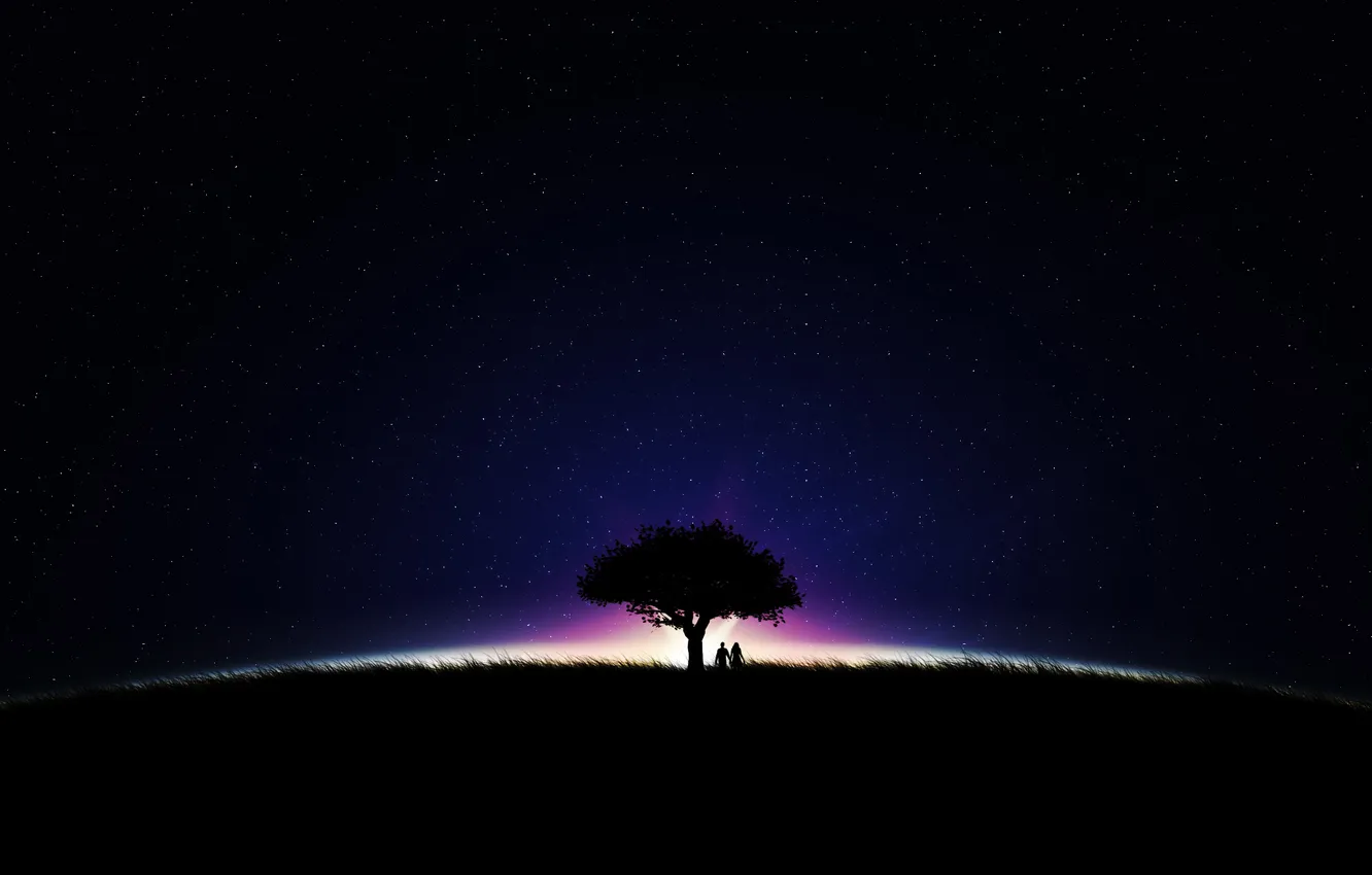 Фото обои поле, небо, девушка, свет, деревья, ночь, фото, люди