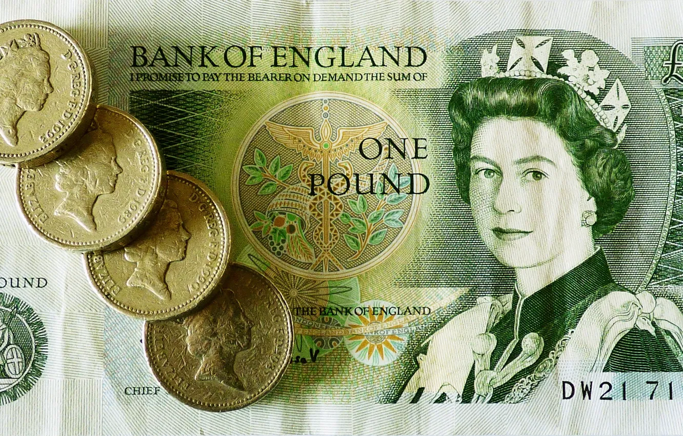 Фото обои деньги, монеты, королева, банкнота, фунт