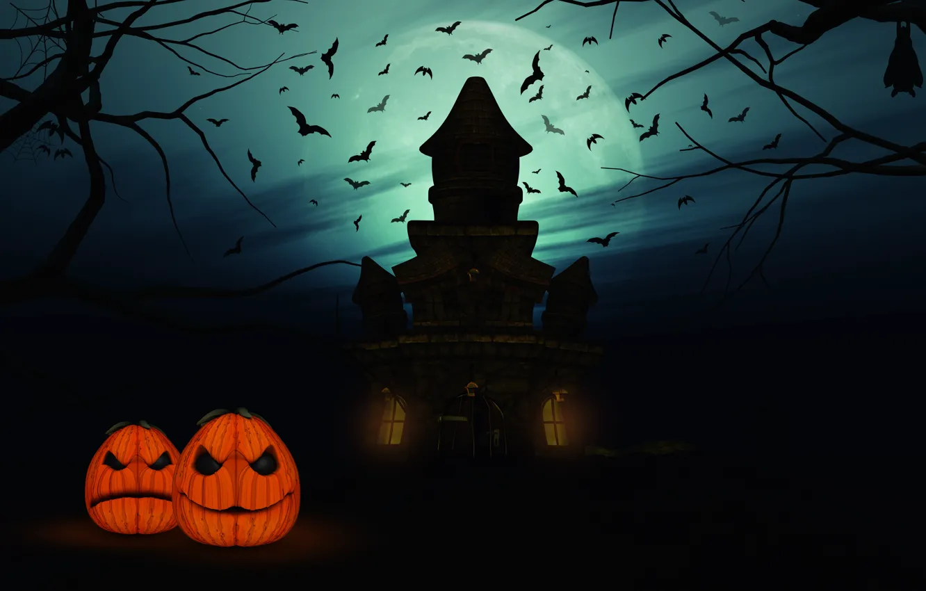 Фото обои Ночь, Луна, Дом, Тыквы, Halloween, Хеллоуин, Полнолуние, Летучие мыши