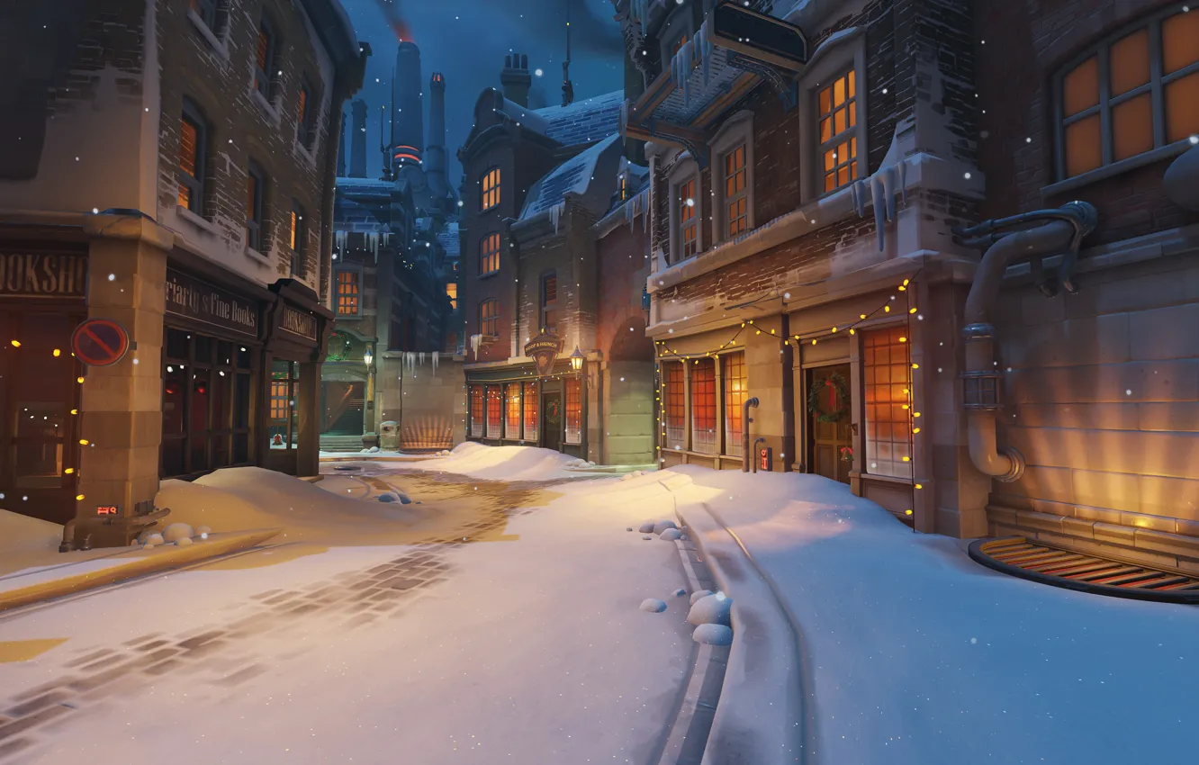 Фото обои снег, город, улица, игра, дома, Рождество, Blizzard, Christmas