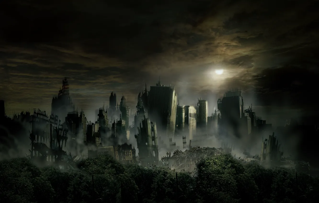 Фото обои небоскребы, постапокалиптика, разрушенный город, темное небо