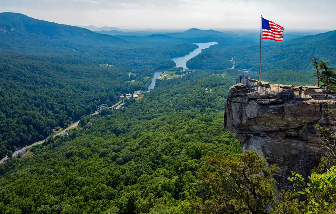 Фото обои скала, река, долина, Северная Каролина, Парк штата Чимни Рок