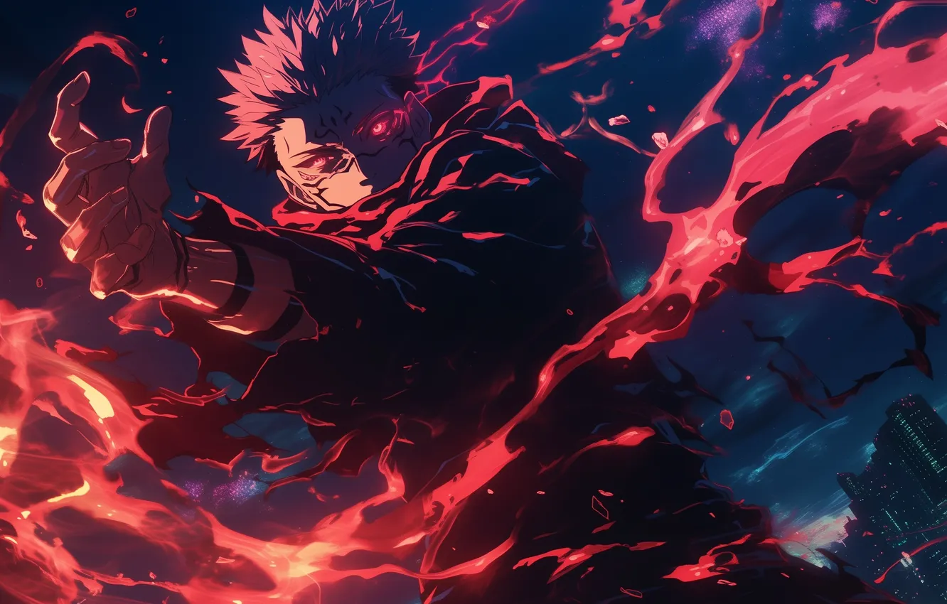 Фото обои огонь, аниме, бой, арт, битва, jujutsu kaisen, sukuna, сукуна