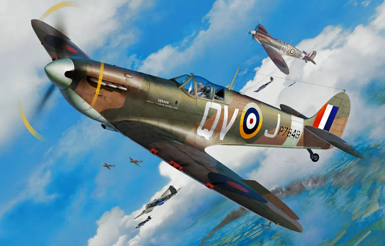 Фото обои war, art, airplane, painting, aviation, Supermarine Spitfire, ww2
