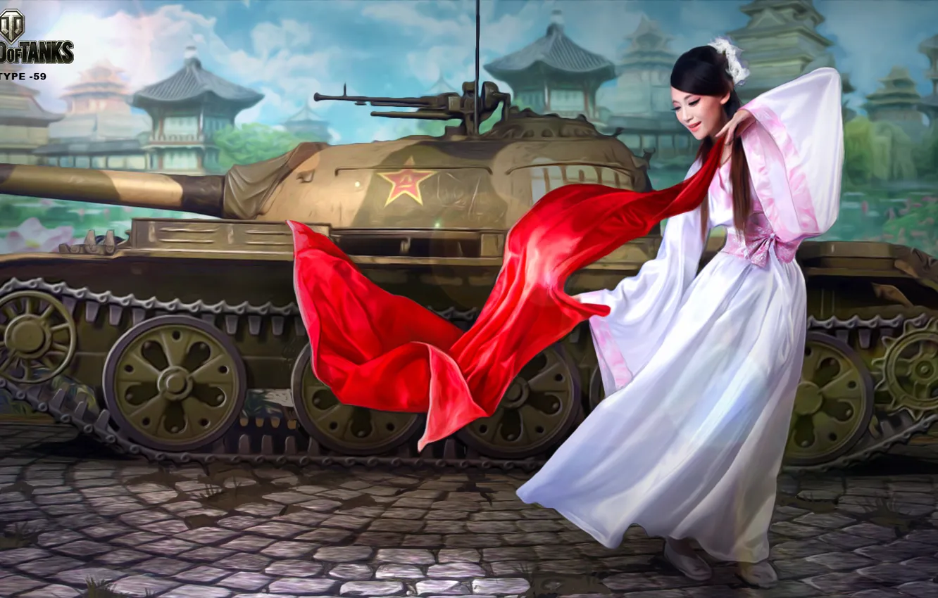 Фото обои девушка, рисунок, дома, площадь, арт, танк, китаянка, азиатка