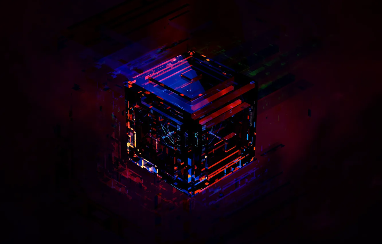 Фото обои lights, 3d art, cube, dark background, Daniel Erdelyi