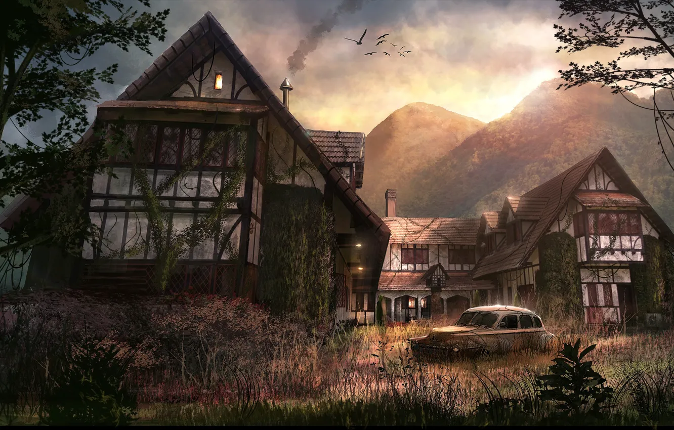 Фото обои горы, птицы, дом, растительность, дым, автомобиль, abandoned place