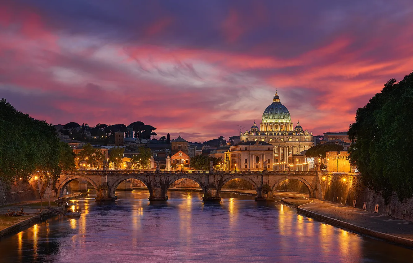 Фото обои мост, город, река, весна, вечер, Рим, Италия, церковь
