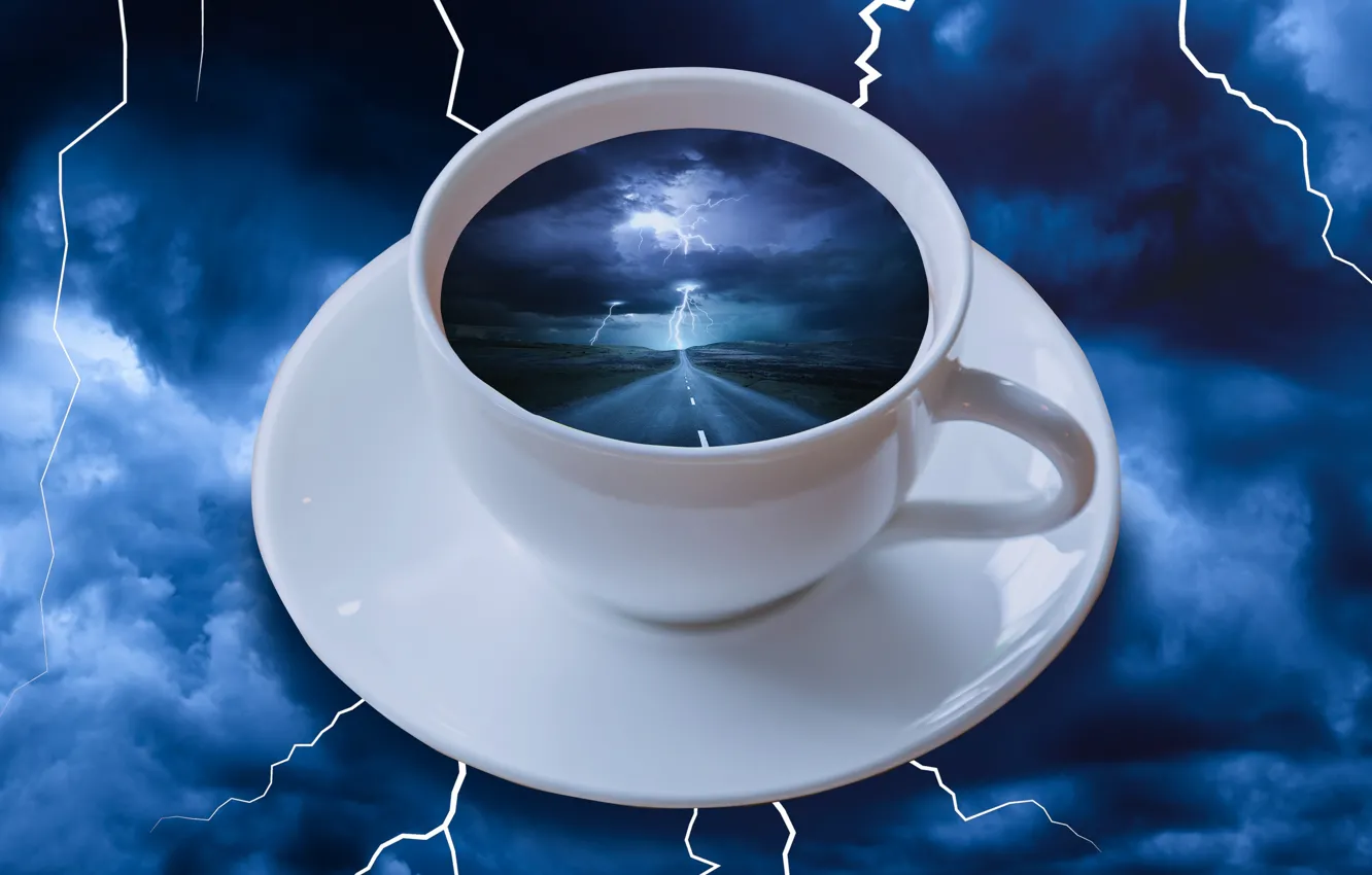 Фото обои дорога, гроза, ночь, тучи, отражение, рендеринг, молния, разряд