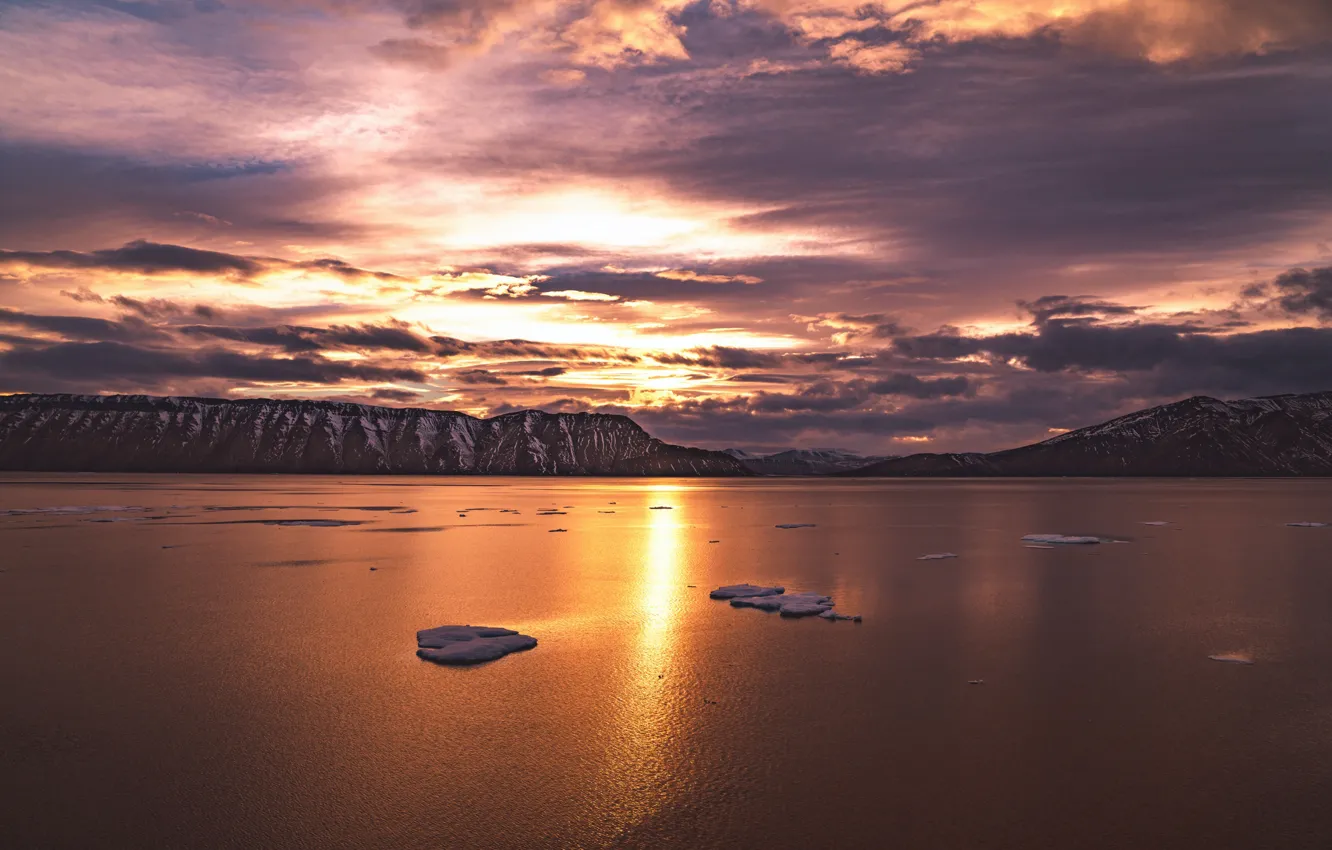 Фото обои sunset, bay, arctic, Greenland, ice floes, arctic ice, ice sheet, arctic sunset