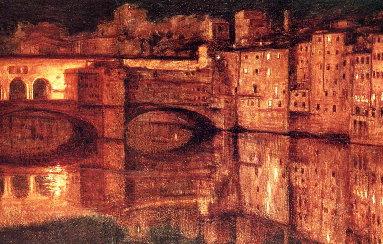 Фото обои ночь, мост, город, огни, река, дома, картина