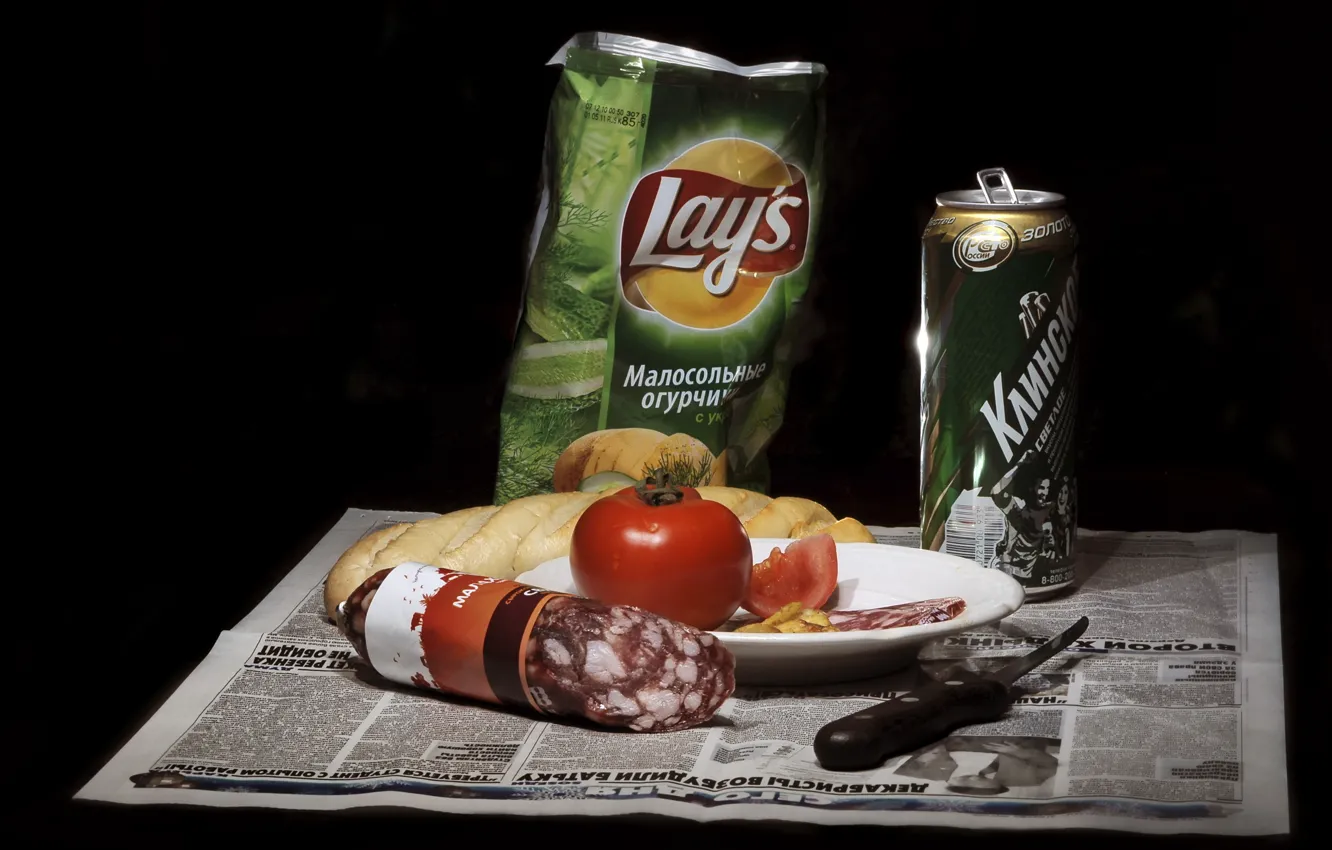 Фото обои еда, пиво, нож, натюрморт, помидор