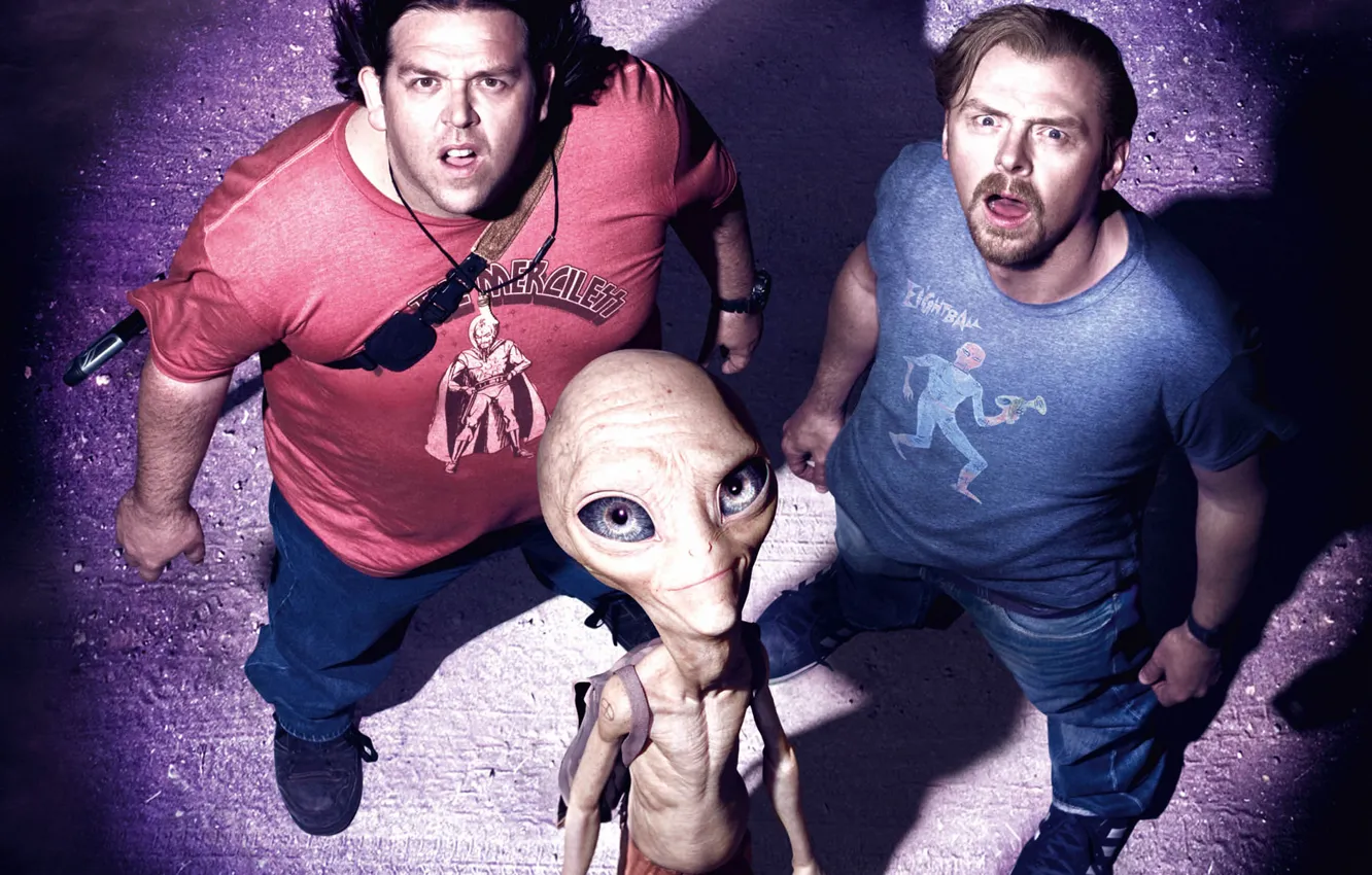 Фото обои удивление, инопланетянин, пришелец, Paul, Пол: Секретный материальчик, Nick Frost, луч света, Simon Pegg
