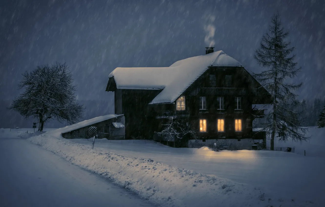 Фото обои зима, снег, ночь, дом, Romantic Winter Evening