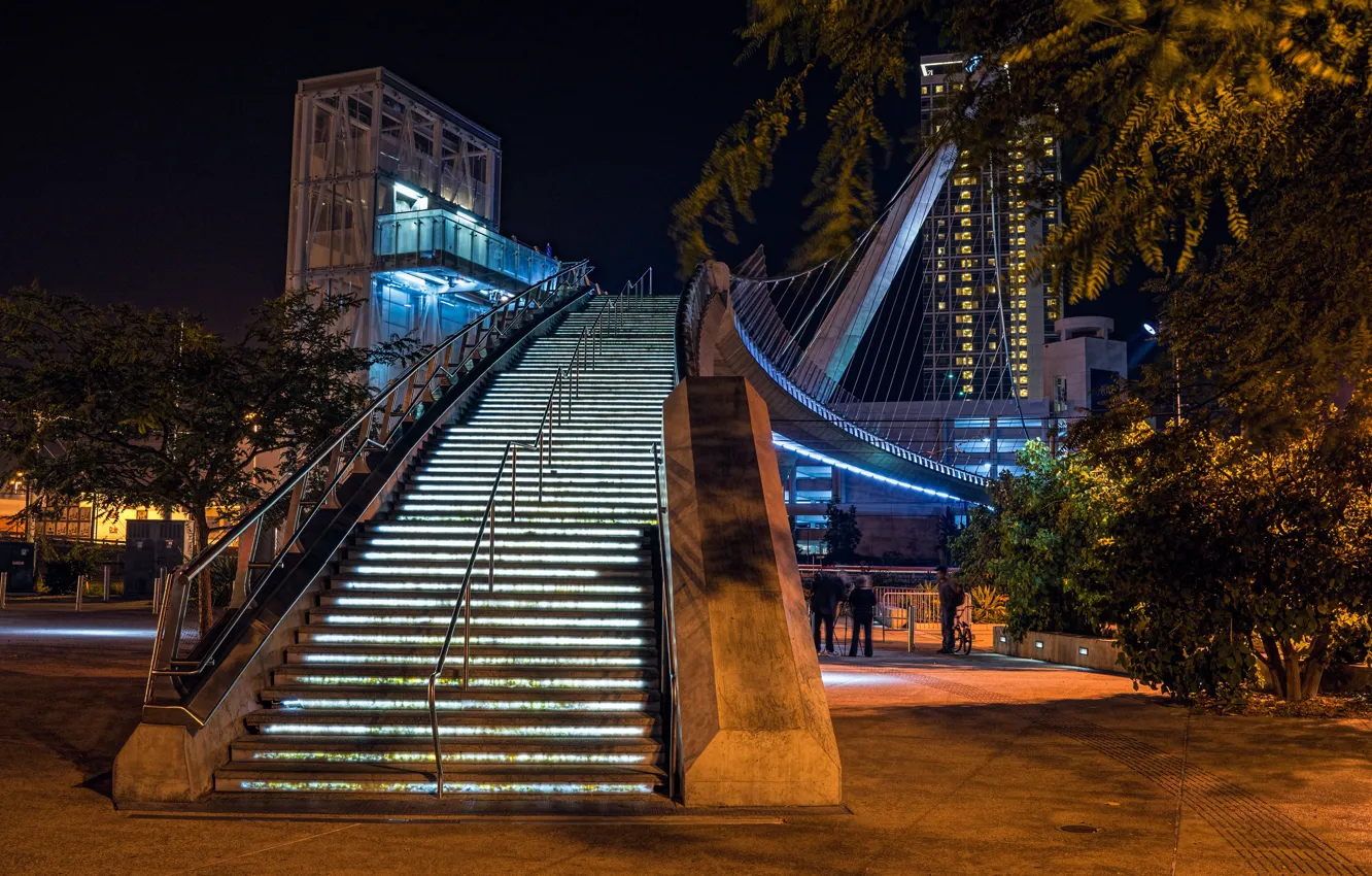 Фото обои ночь, мост, конструкция, лестница, ступени, США, Сан-Диего, Pedestrian Bridge