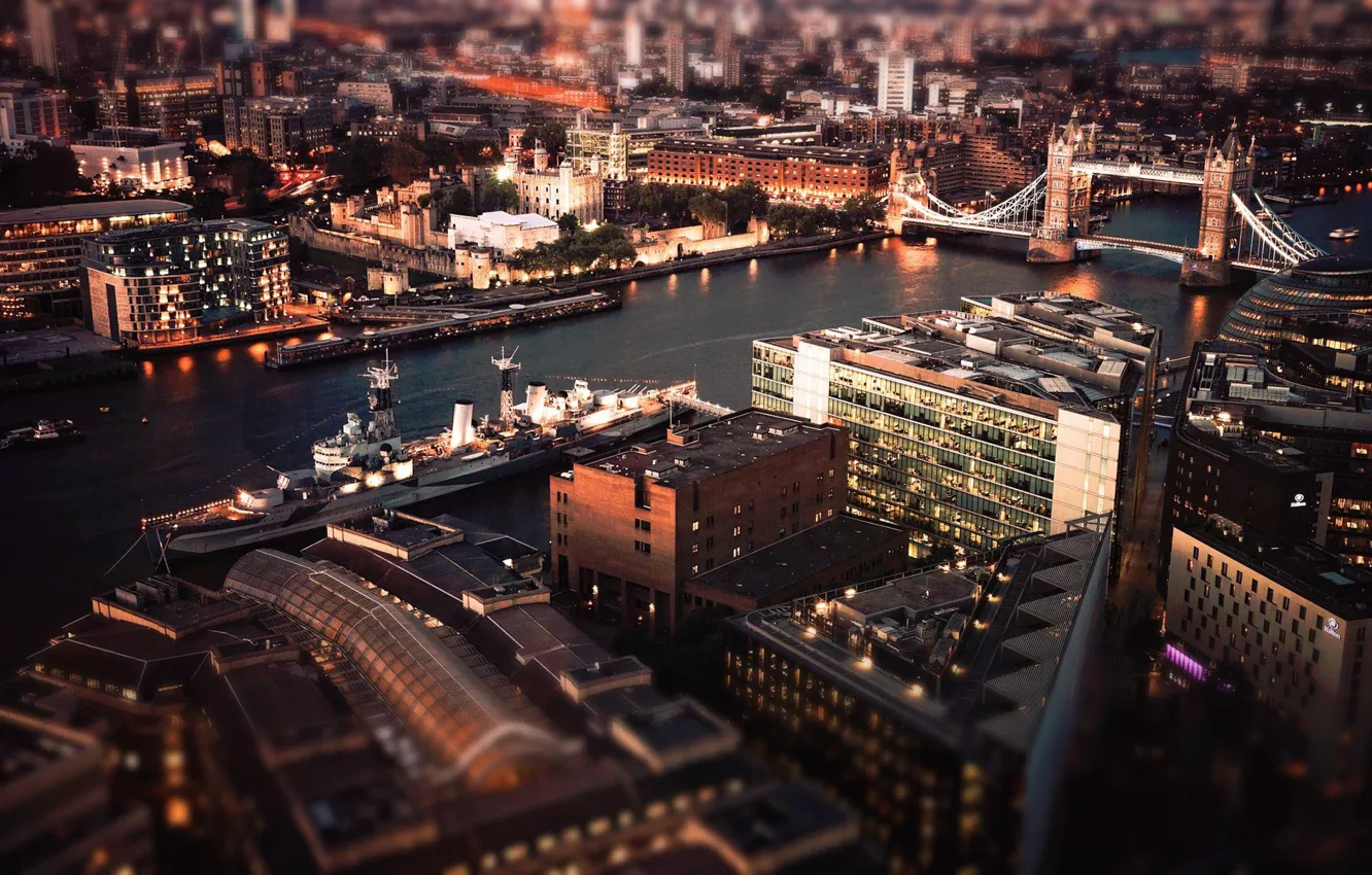 Фото обои city, lights, river, night, Tower Bridge, tilt-shift, London, Thames