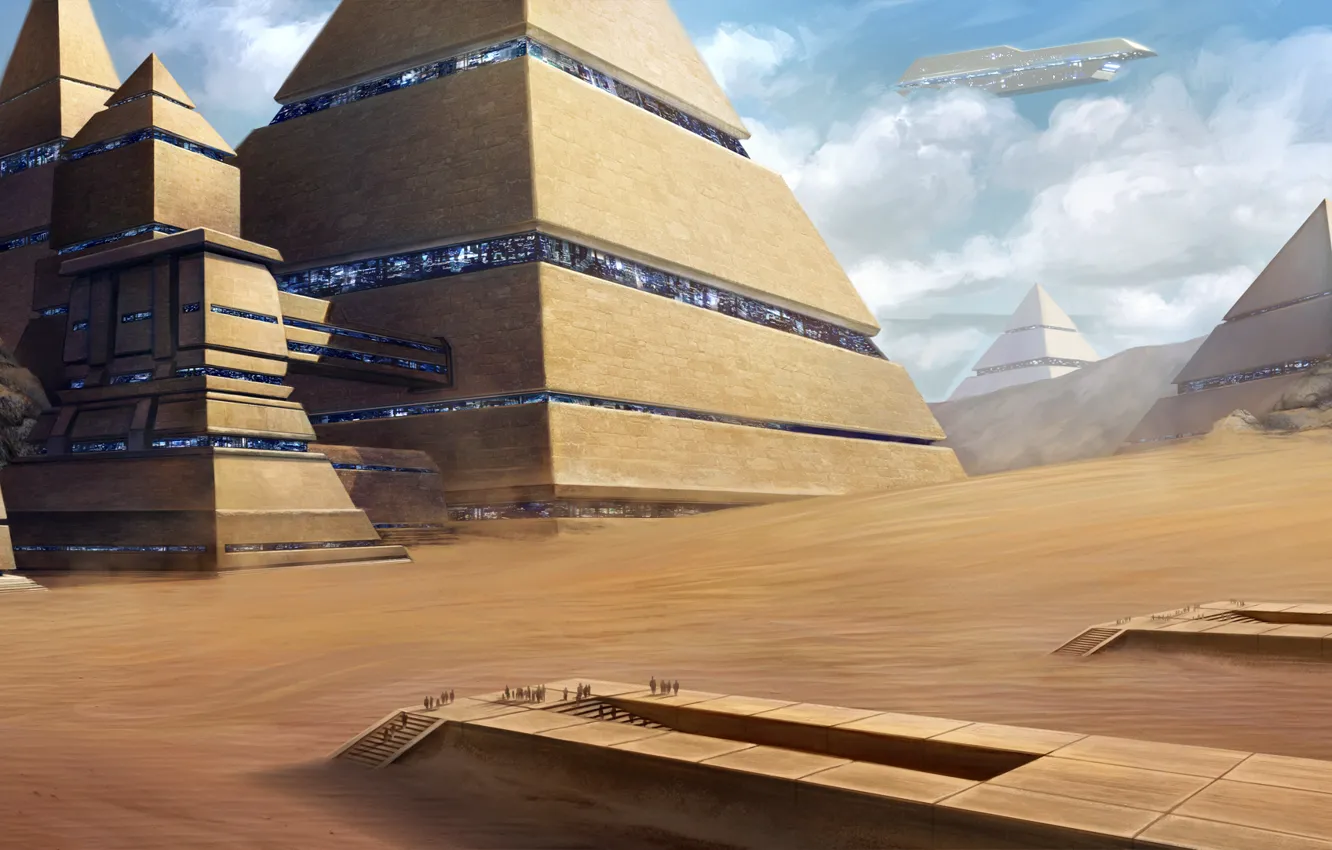 Фото обои город, люди, пустыня, корабль, арт, пирамиды