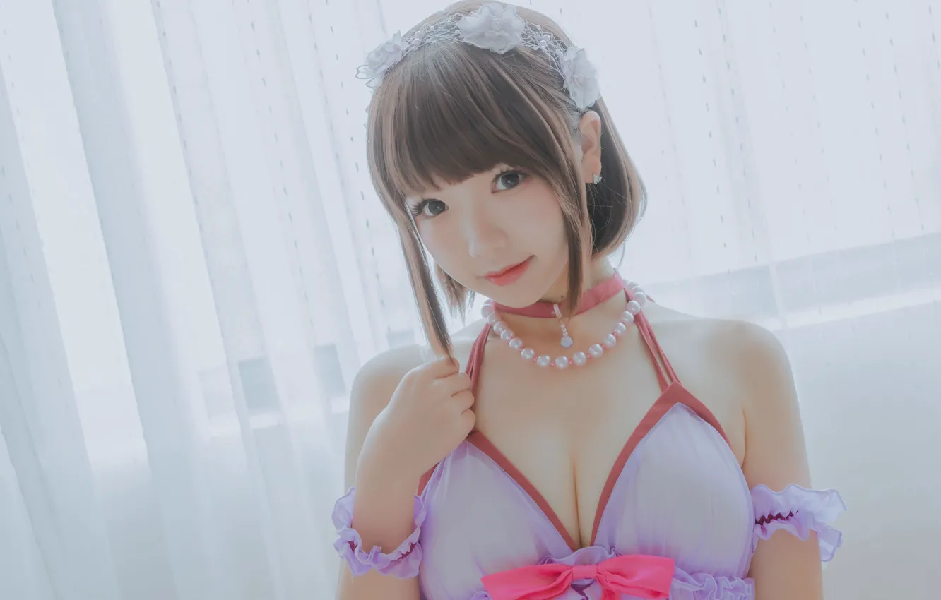 Фото обои портрет, азиатка, красивая девушка, beautiful girl, asian, portrait, жемчужные бусы, pearl beads