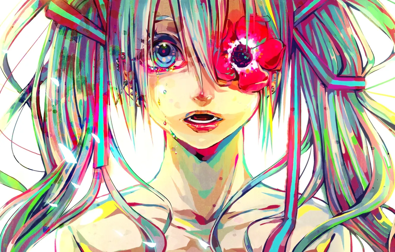 Фото обои цветок, девушка, краски, colorful, слезы, арт, Hatsune Miku, Vocaloid