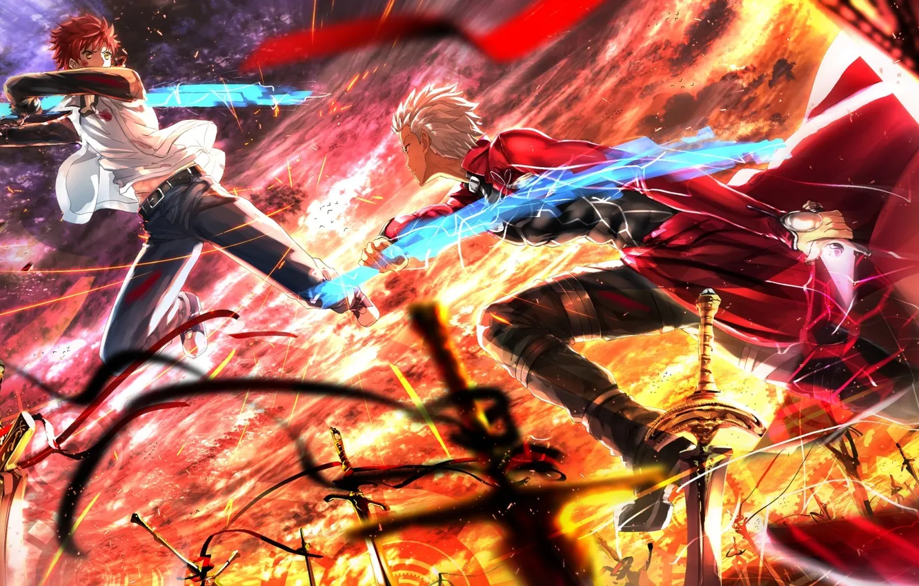 Фото обои оружие, магия, кровь, меч, аниме, арт, парни, сражение