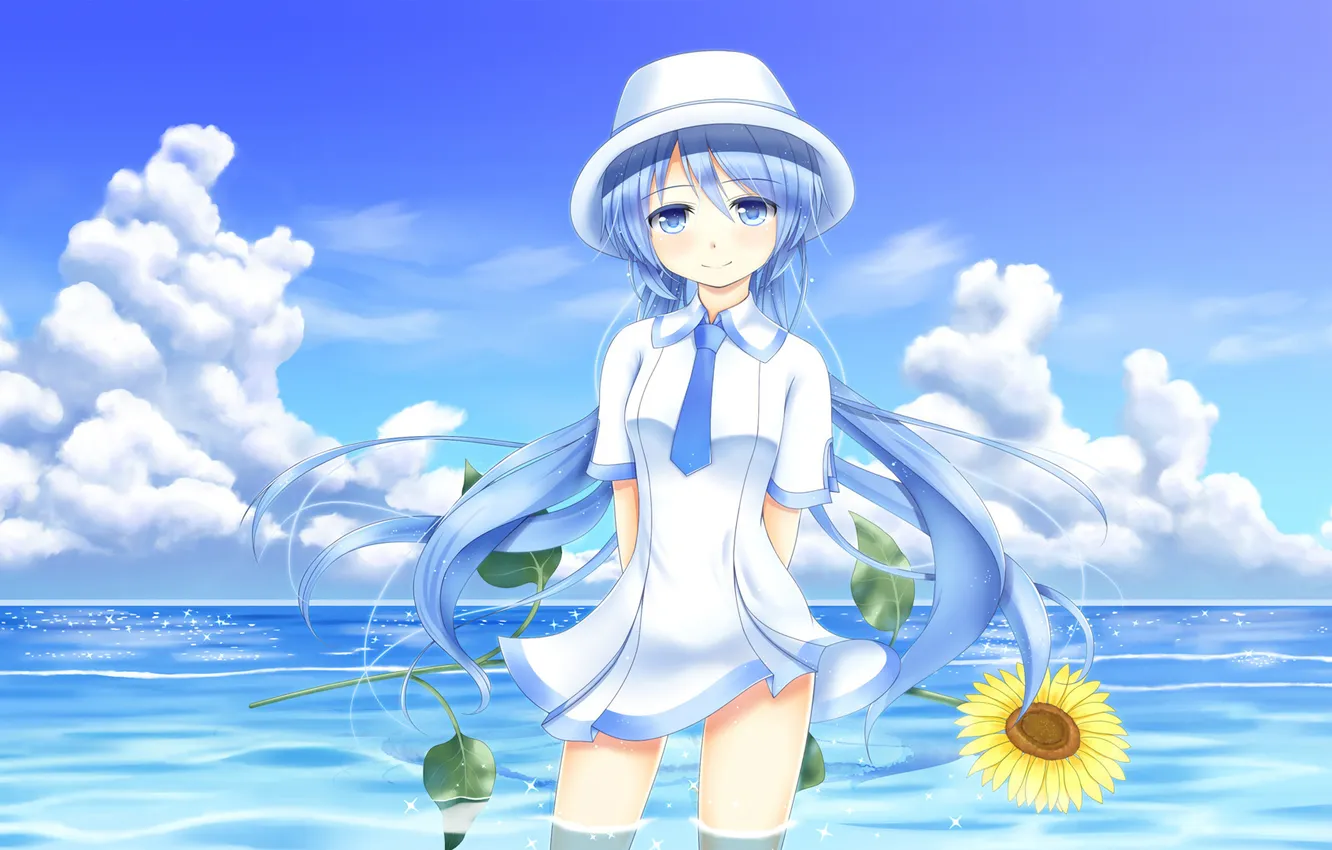 Фото обои море, девушка, облака, подсолнух, шляпа, арт, hatsune miku, Vocaloid