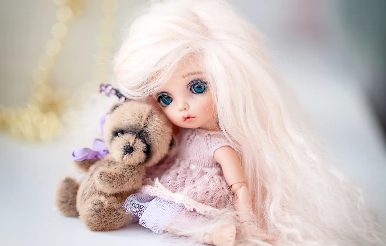 Фото обои волосы, игрушки, кукла, медвежонок