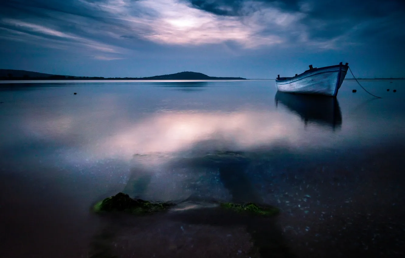 Фото обои море, небо, облака, синий, природа, лодка