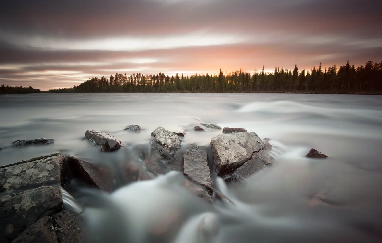 Фото обои закат, природа, река, камни