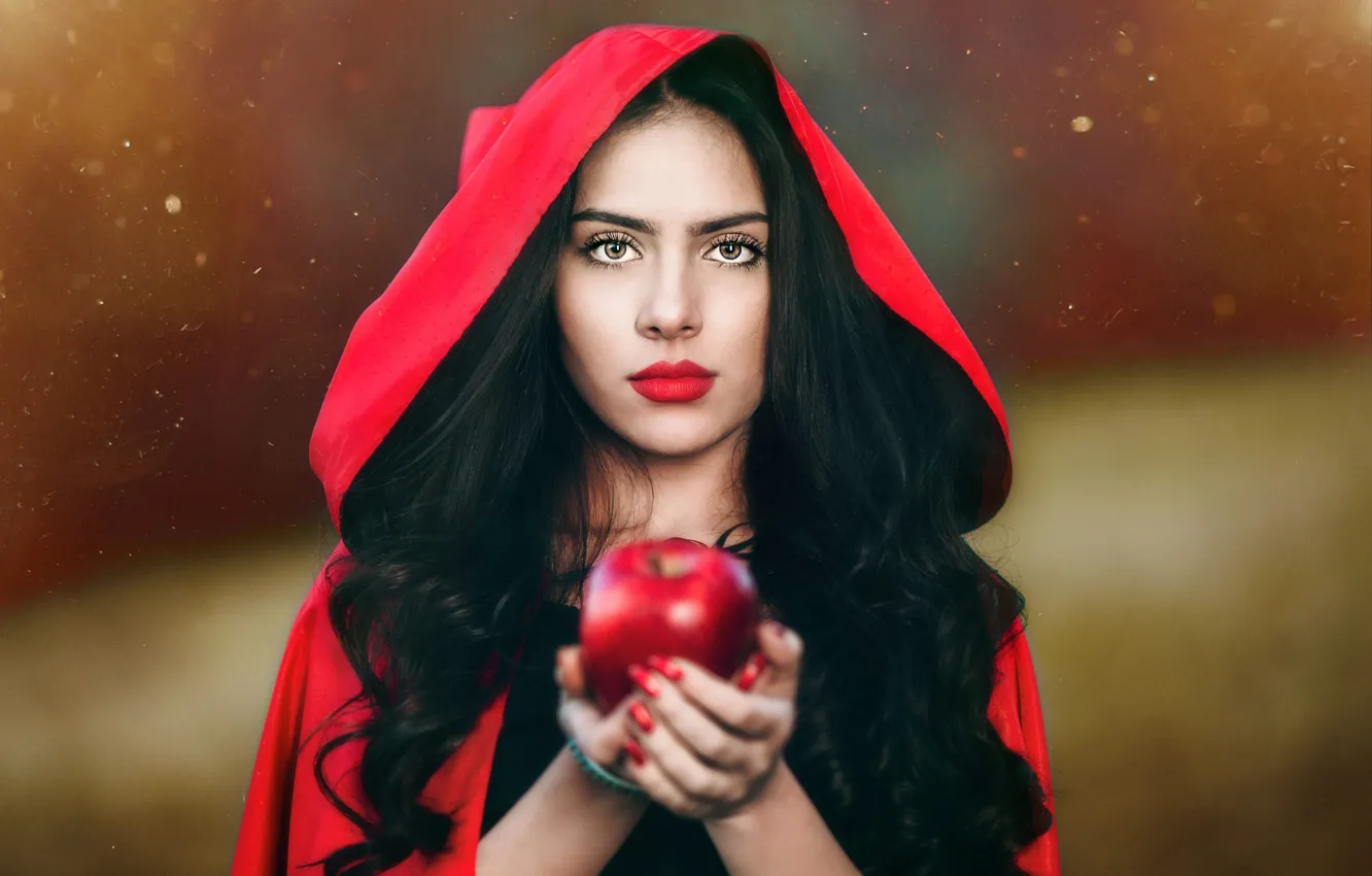 Фото обои глаза, взгляд, девушка, красный, лицо, фон, яблоко, портрет