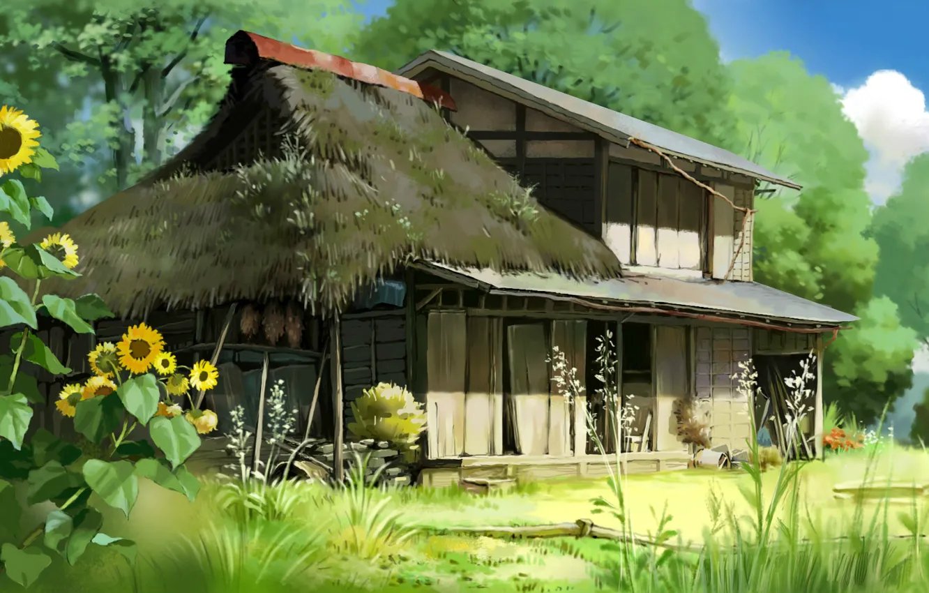 Фото обои лето, трава, деревья, подсолнухи, двор, хижина, Heisei Tanuki Gassen Ponpoko, война Тануки в период Хейсей …