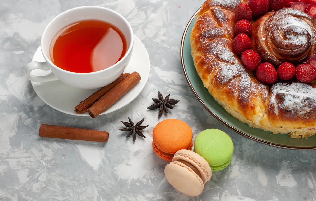 Фото обои ягоды, чай, пирог, кружка, чашка, корица, выпечка, булка